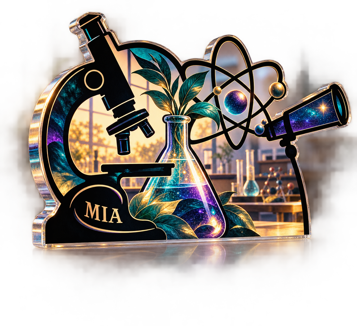 Artwork visualization: Science teacher — appreciation gift, personalized MIA, subject-shaped acrylic with printed optical 3D depth; not carved relief.