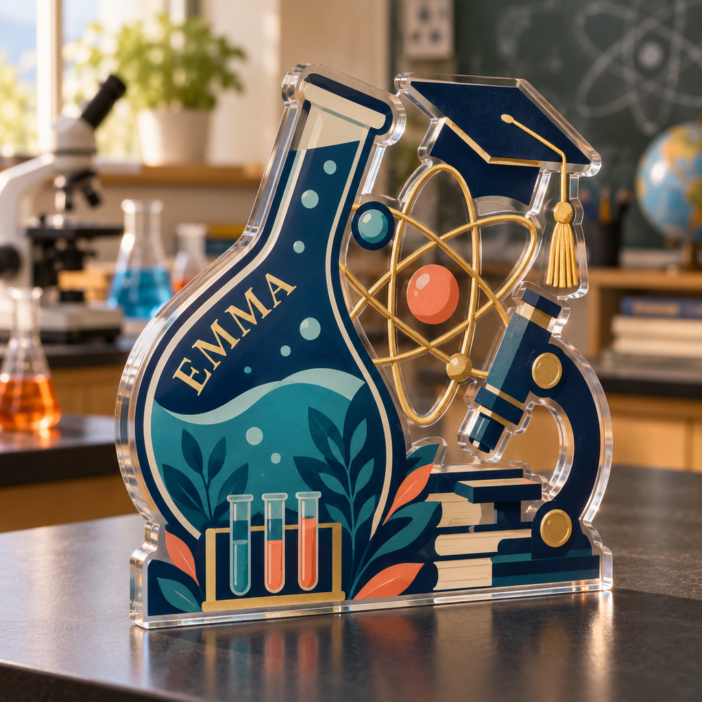 Artwork visualization: Science teacher — graduation career milestone, personalized EMMA, subject-shaped acrylic with printed optical 3D depth; not carved relief.