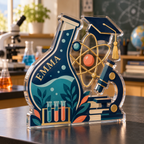 Artwork visualization: Science teacher — graduation career milestone, personalized EMMA, subject-shaped acrylic with printed optical 3D depth; not carved relief.