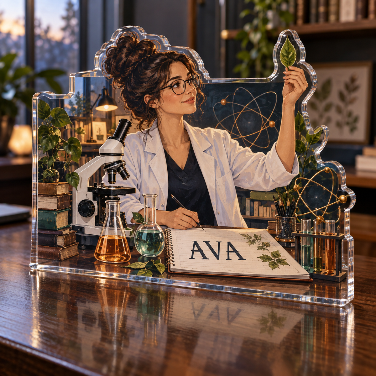 Artwork visualization: Science teacher — home studio decoration, personalized AVA, subject-shaped acrylic with printed optical 3D depth; not carved relief.