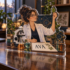 Artwork visualization: Science teacher — home studio decoration, personalized AVA, subject-shaped acrylic with printed optical 3D depth; not carved relief.