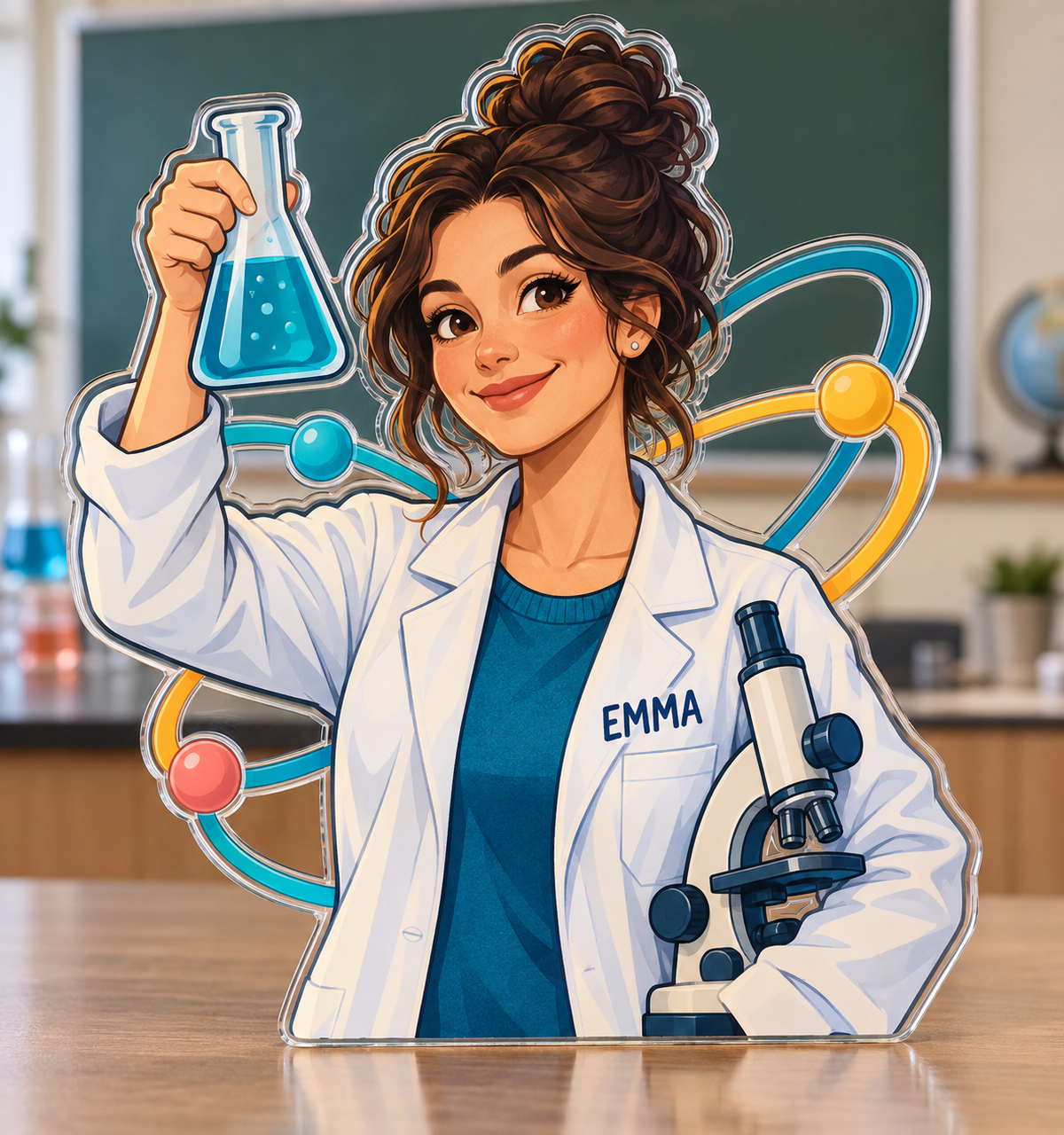 Artwork visualization: Science teacher — everyday professional humor, personalized EMMA, subject-shaped acrylic with printed optical 3D depth; not carved relief.