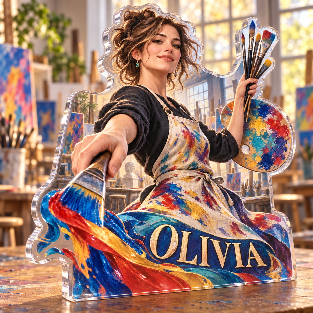 Artwork visualization: Art teacher — professional desk identity, personalized OLIVIA, subject-shaped acrylic with printed optical 3D depth; not carved relief.