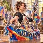 Artwork visualization: Art teacher — professional desk identity, personalized OLIVIA, subject-shaped acrylic with printed optical 3D depth; not carved relief.