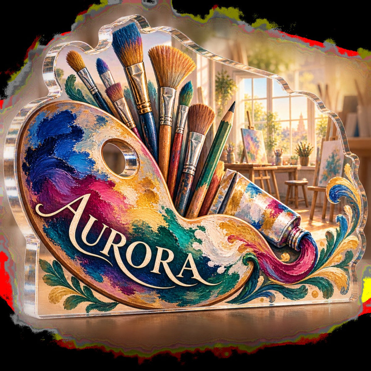 Personalized Art Teacher Appreciation Gift custom shape acrylic plaque with an example name set into the artwork, digital preview