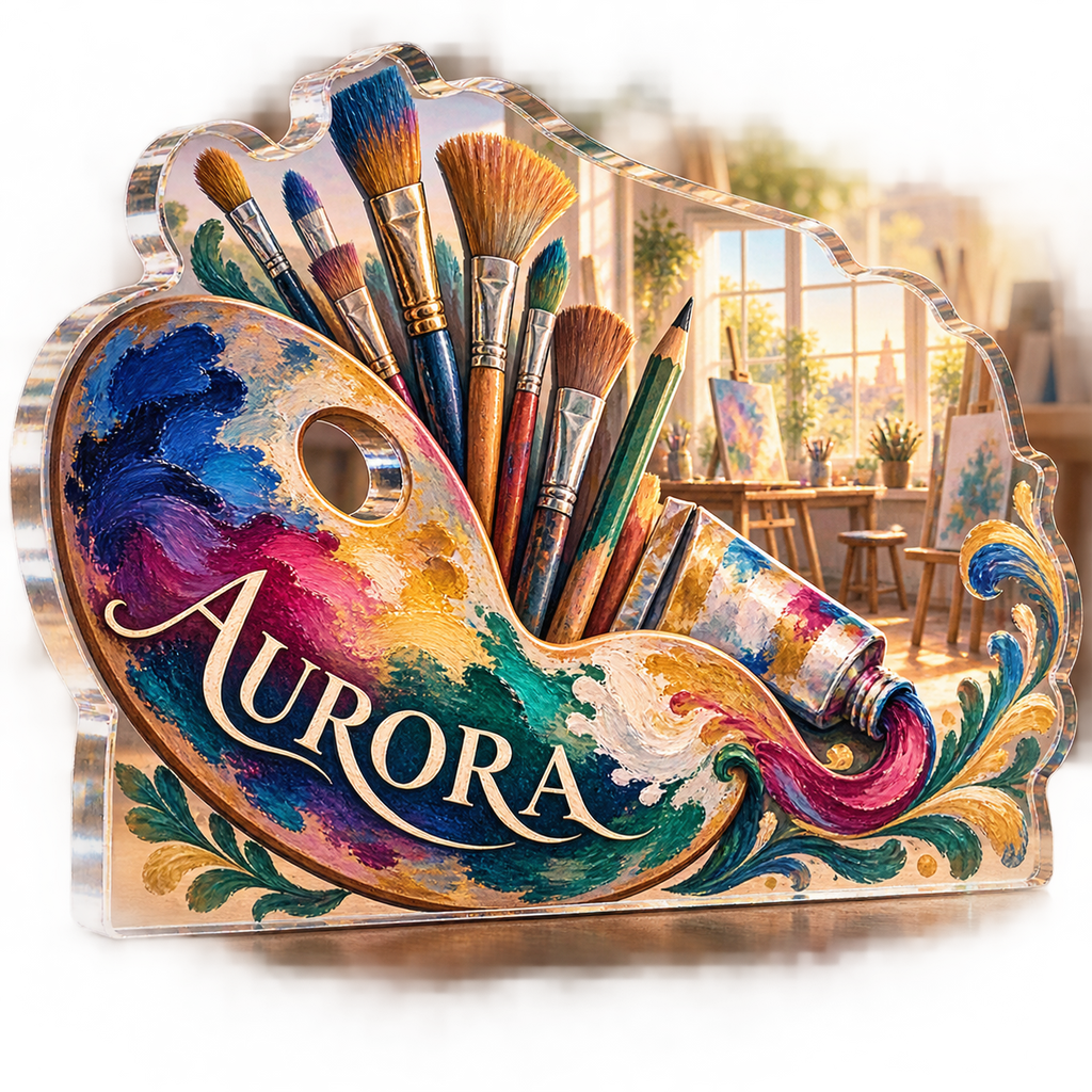 Artwork visualization: Art teacher — appreciation gift, personalized AURORA, subject-shaped acrylic with printed optical 3D depth; not carved relief.