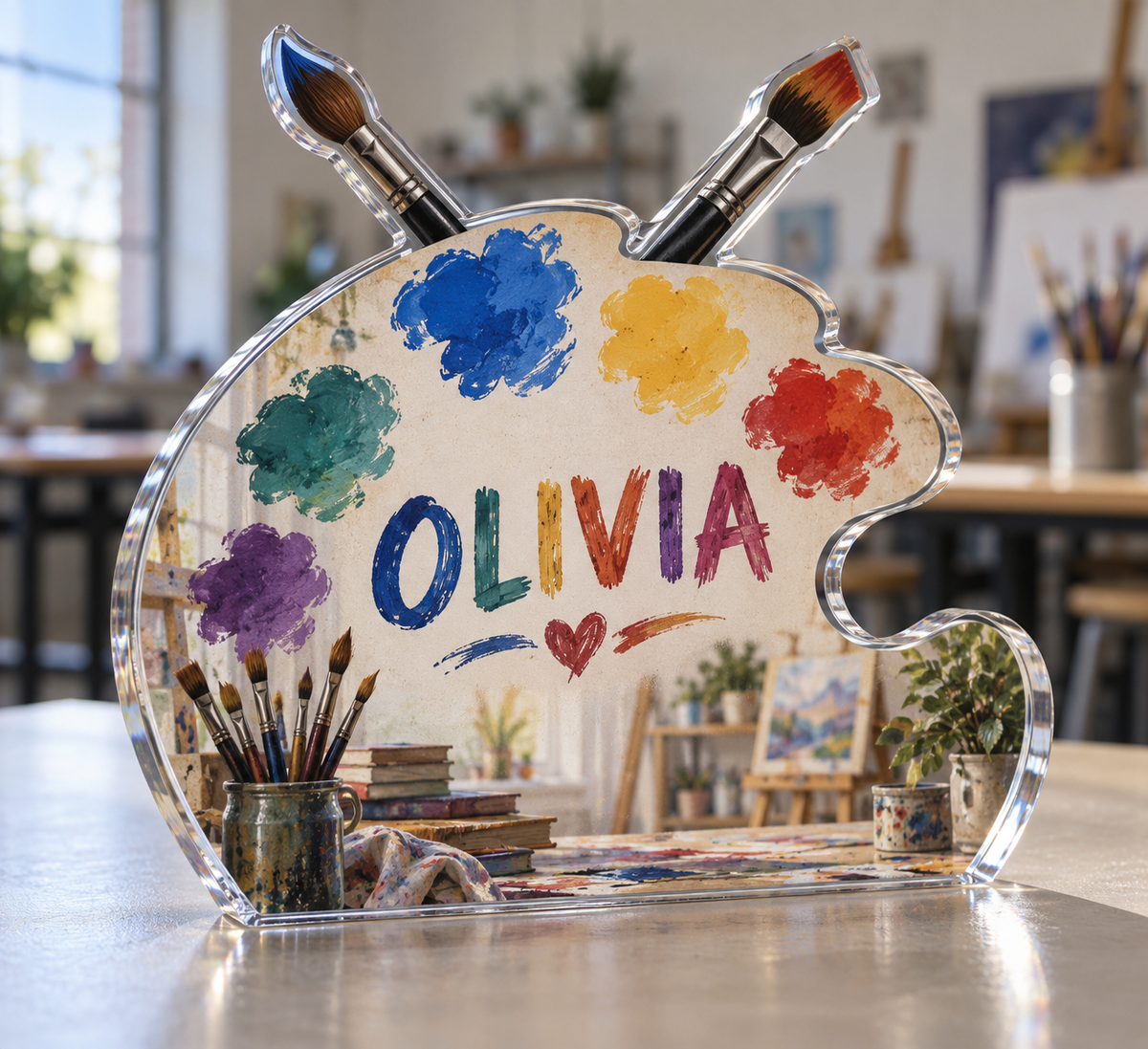 Artwork visualization: Art teacher — new job celebration, personalized OLIVIA, subject-shaped acrylic with printed optical 3D depth; not carved relief.