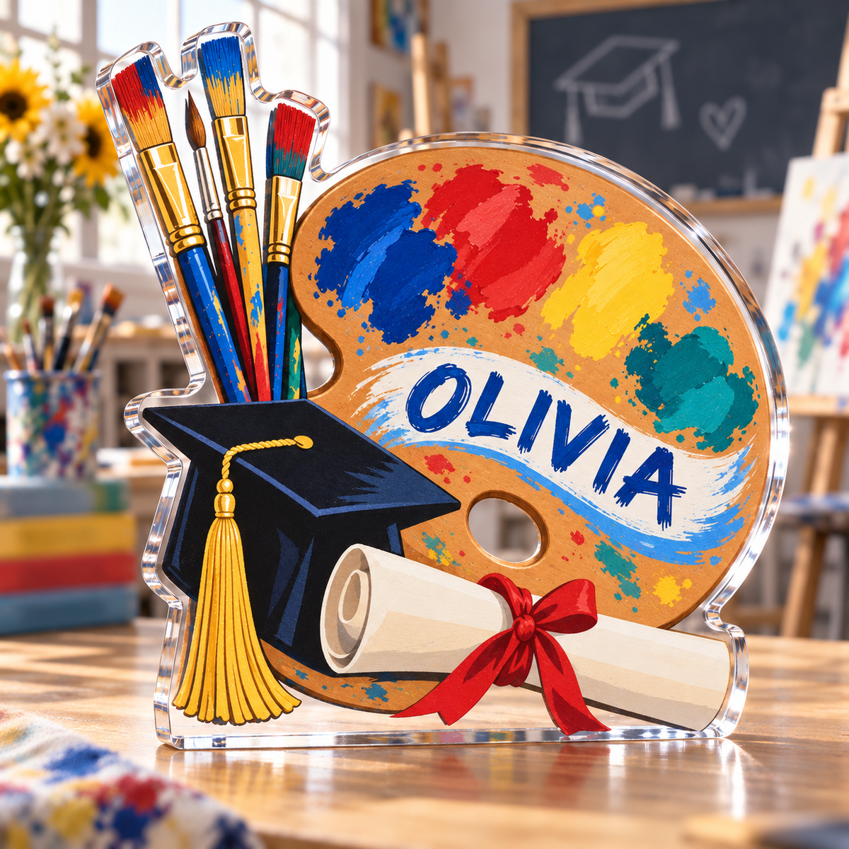 Artwork visualization: Art teacher — graduation career milestone, personalized OLIVIA, subject-shaped acrylic with printed optical 3D depth; not carved relief.