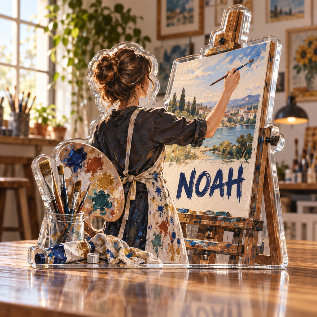Artwork visualization: Art teacher — home studio decoration, personalized NOAH, subject-shaped acrylic with printed optical 3D depth; not carved relief.