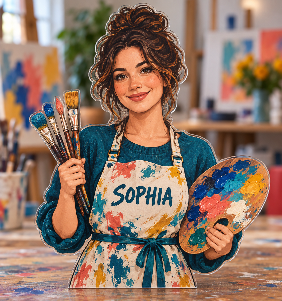 Artwork visualization: Art teacher — everyday professional humor, personalized SOPHIA, subject-shaped acrylic with printed optical 3D depth; not carved relief.