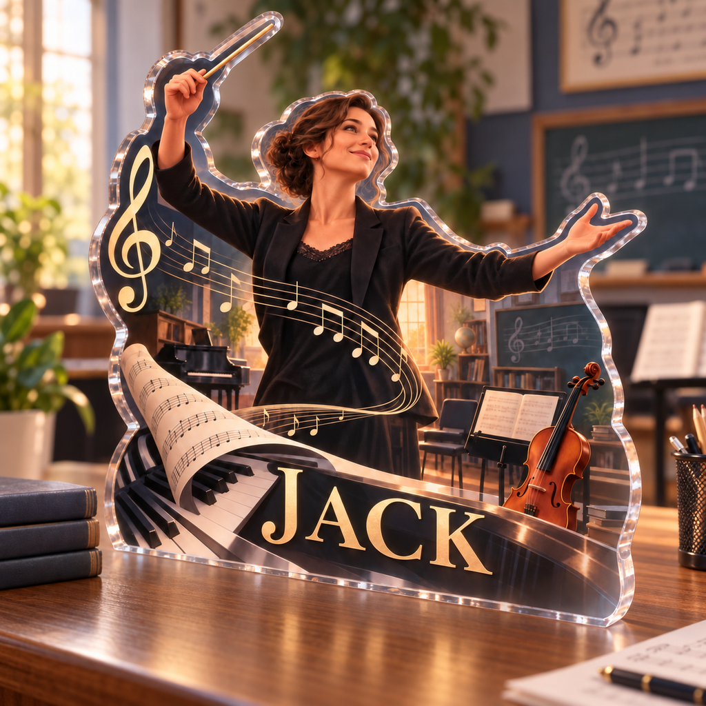 Artwork visualization: Music teacher — professional desk identity, personalized JACK, subject-shaped acrylic with printed optical 3D depth; not carved relief.