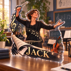 Artwork visualization: Music teacher — professional desk identity, personalized JACK, subject-shaped acrylic with printed optical 3D depth; not carved relief.
