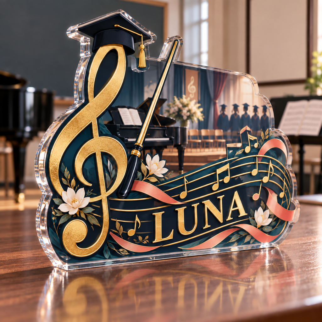 Artwork visualization: Music teacher — graduation career milestone, personalized LUNA, subject-shaped acrylic with printed optical 3D depth; not carved relief.