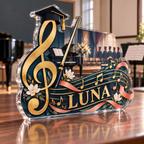 Artwork visualization: Music teacher — graduation career milestone, personalized LUNA, subject-shaped acrylic with printed optical 3D depth; not carved relief.