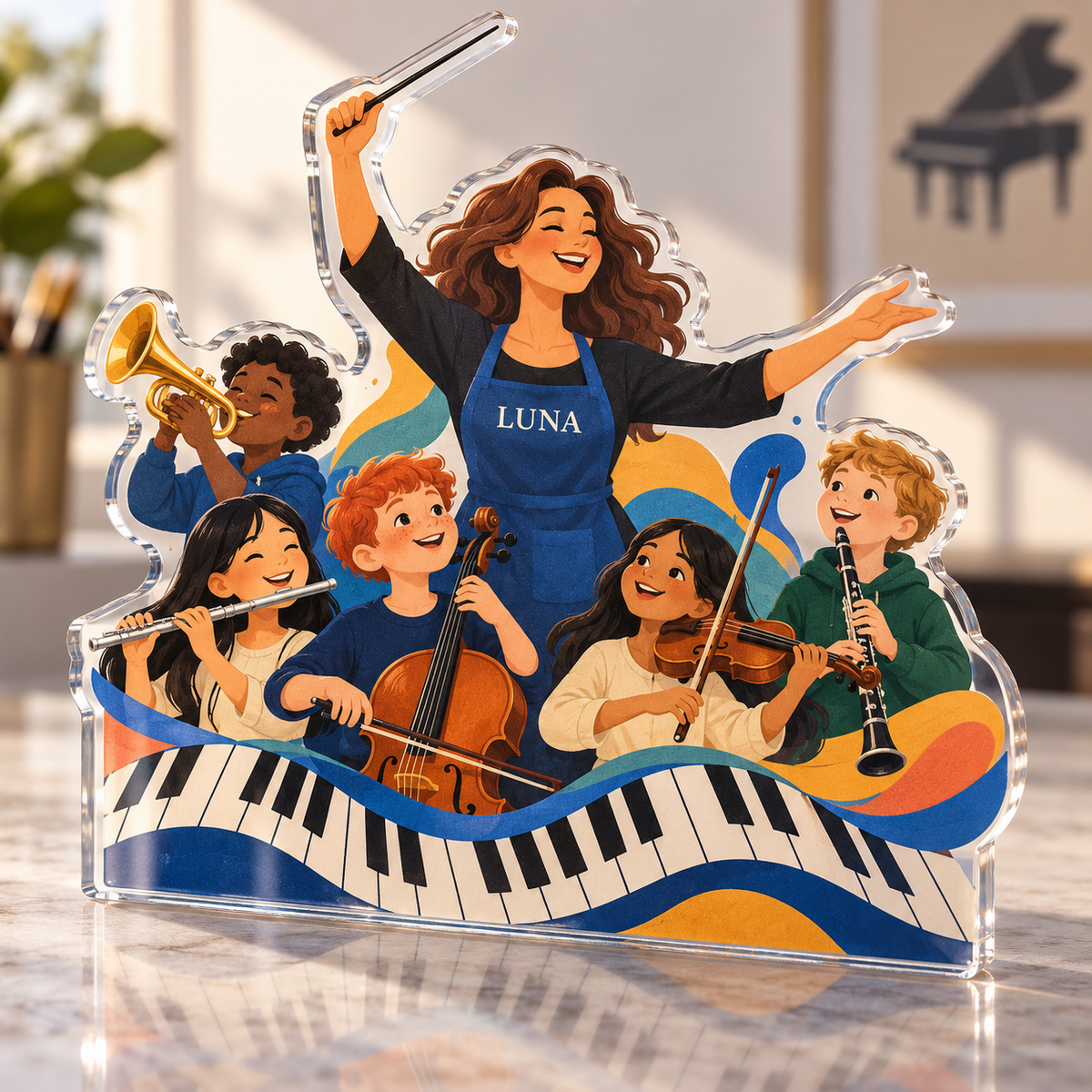 Artwork visualization: Music teacher — team belonging, personalized LUNA, subject-shaped acrylic with printed optical 3D depth; not carved relief.