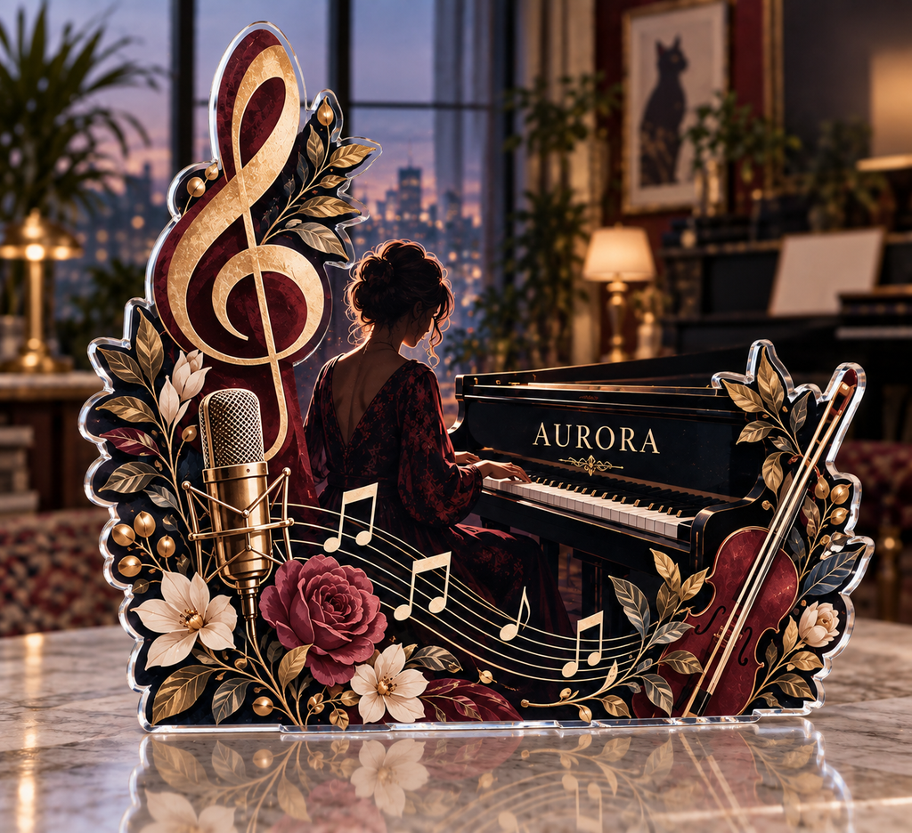 Artwork visualization: Music teacher — home studio decoration, personalized AURORA, subject-shaped acrylic with printed optical 3D depth; not carved relief.