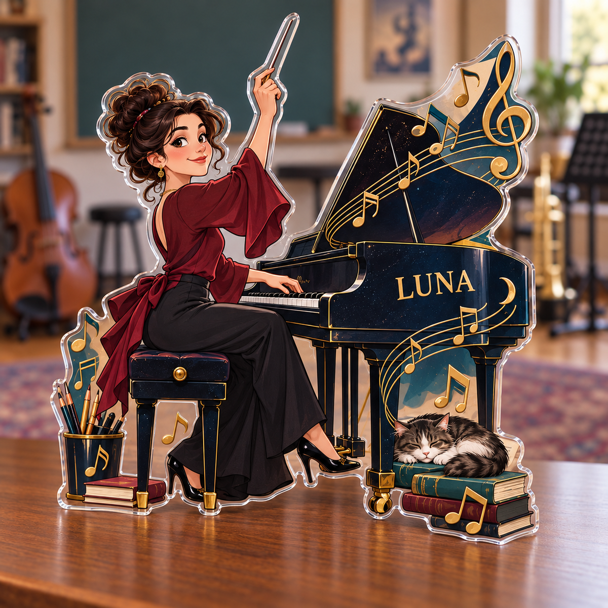 Artwork visualization: Music teacher — everyday professional humor, personalized LUNA, subject-shaped acrylic with printed optical 3D depth; not carved relief.