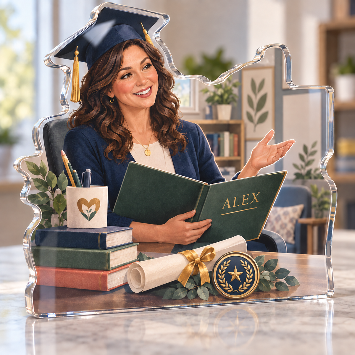 Artwork visualization: School counselor — graduation career milestone, personalized ALEX, subject-shaped acrylic with printed optical 3D depth; not carved relief.