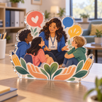Artwork visualization: School counselor — team belonging, personalized LUNA, subject-shaped acrylic with printed optical 3D depth; not carved relief.