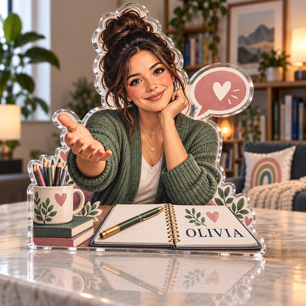 Artwork visualization: School counselor — home studio decoration, personalized OLIVIA, subject-shaped acrylic with printed optical 3D depth; not carved relief.