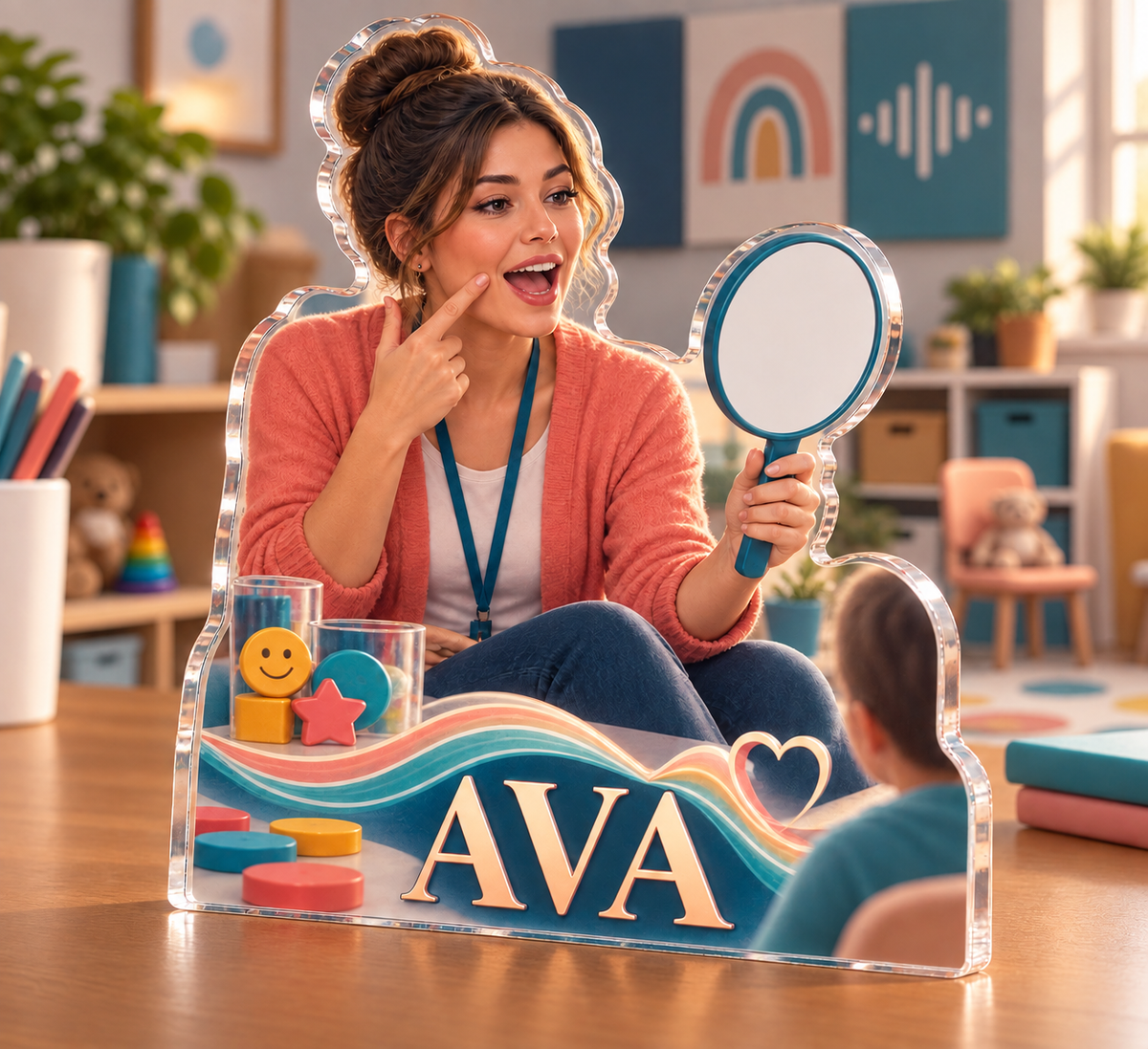 Artwork visualization: Speech therapist — professional desk identity, personalized AVA, subject-shaped acrylic with printed optical 3D depth; not carved relief.