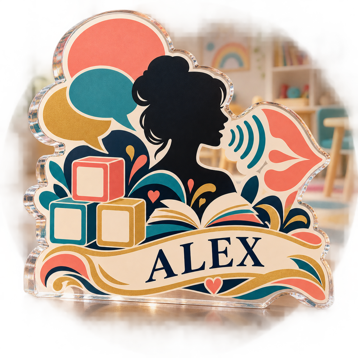 Artwork visualization: Speech therapist — appreciation gift, personalized ALEX, subject-shaped acrylic with printed optical 3D depth; not carved relief.