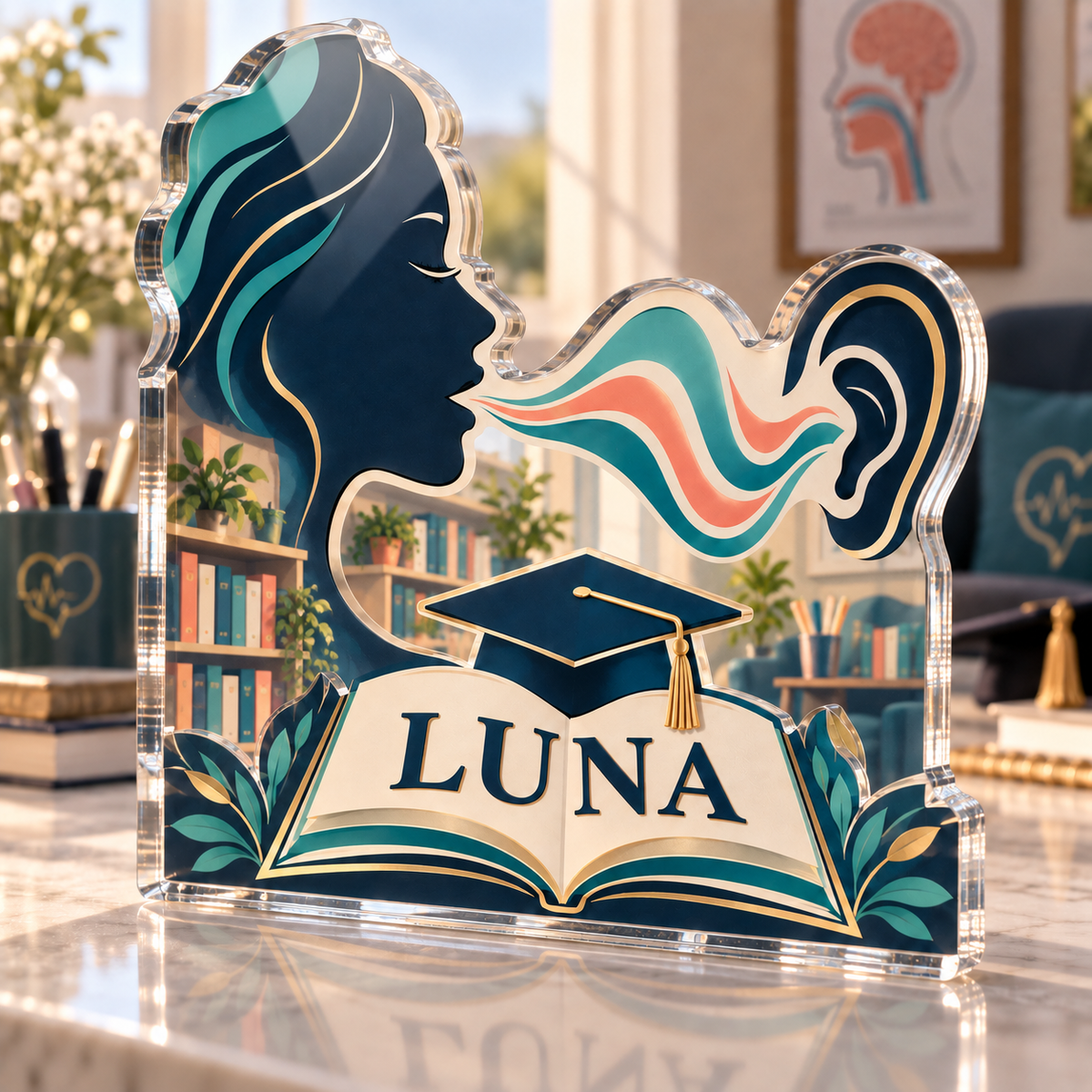 Artwork visualization: Speech therapist — graduation career milestone, personalized LUNA, subject-shaped acrylic with printed optical 3D depth; not carved relief.