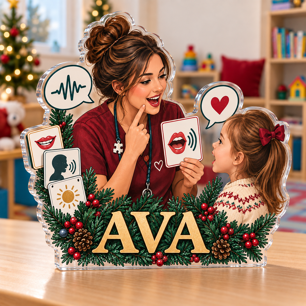 Artwork visualization: Speech therapist — team belonging, personalized AVA, subject-shaped acrylic with printed optical 3D depth; not carved relief.