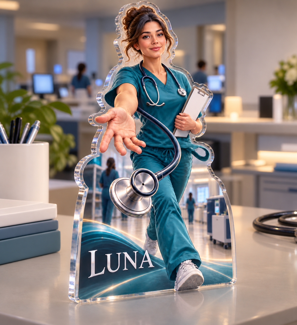 Artwork visualization: Registered nurse — professional desk identity, personalized LUNA, subject-shaped acrylic with printed optical 3D depth; not carved relief.