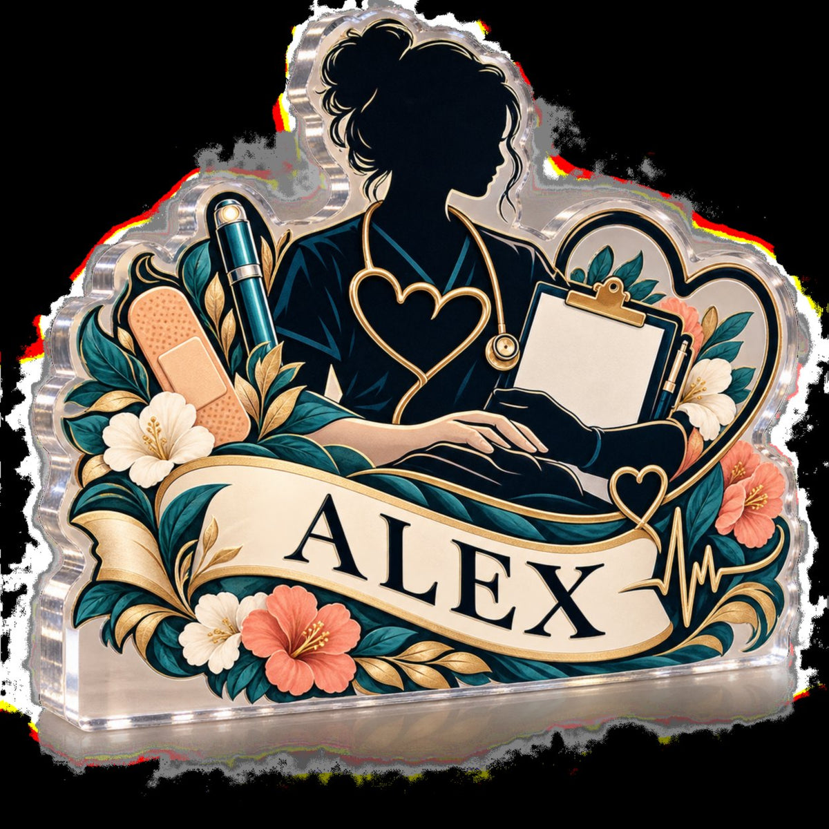Personalized Registered Nurse Appreciation Gift custom shape acrylic plaque with an example name set into the artwork, digital preview