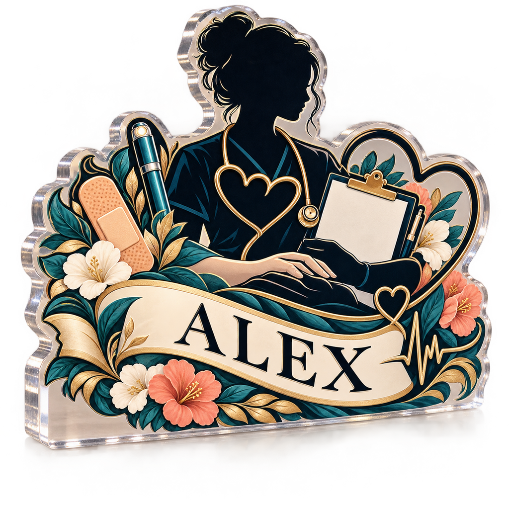 Artwork visualization: Registered nurse — appreciation gift, personalized ALEX, subject-shaped acrylic with printed optical 3D depth; not carved relief.