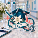 Artwork visualization: Registered nurse — graduation career milestone, personalized LILY, subject-shaped acrylic with printed optical 3D depth; not carved relief.