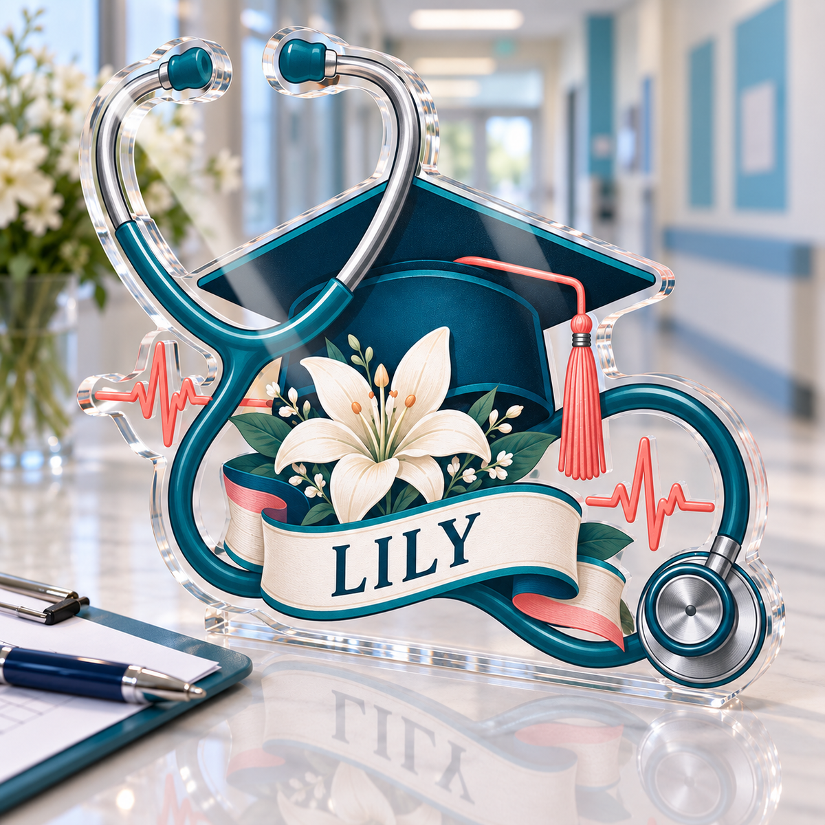Artwork visualization: Registered nurse — graduation career milestone, personalized LILY, subject-shaped acrylic with printed optical 3D depth; not carved relief.