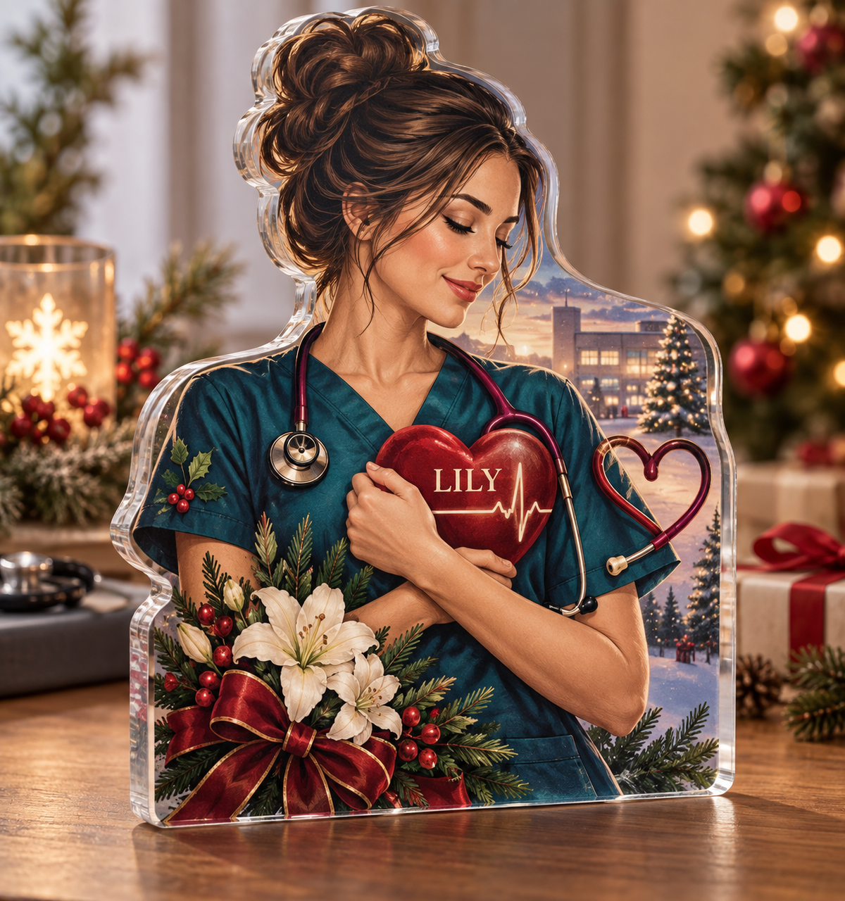 Artwork visualization: Registered nurse — team belonging, personalized LILY, subject-shaped acrylic with printed optical 3D depth; not carved relief.