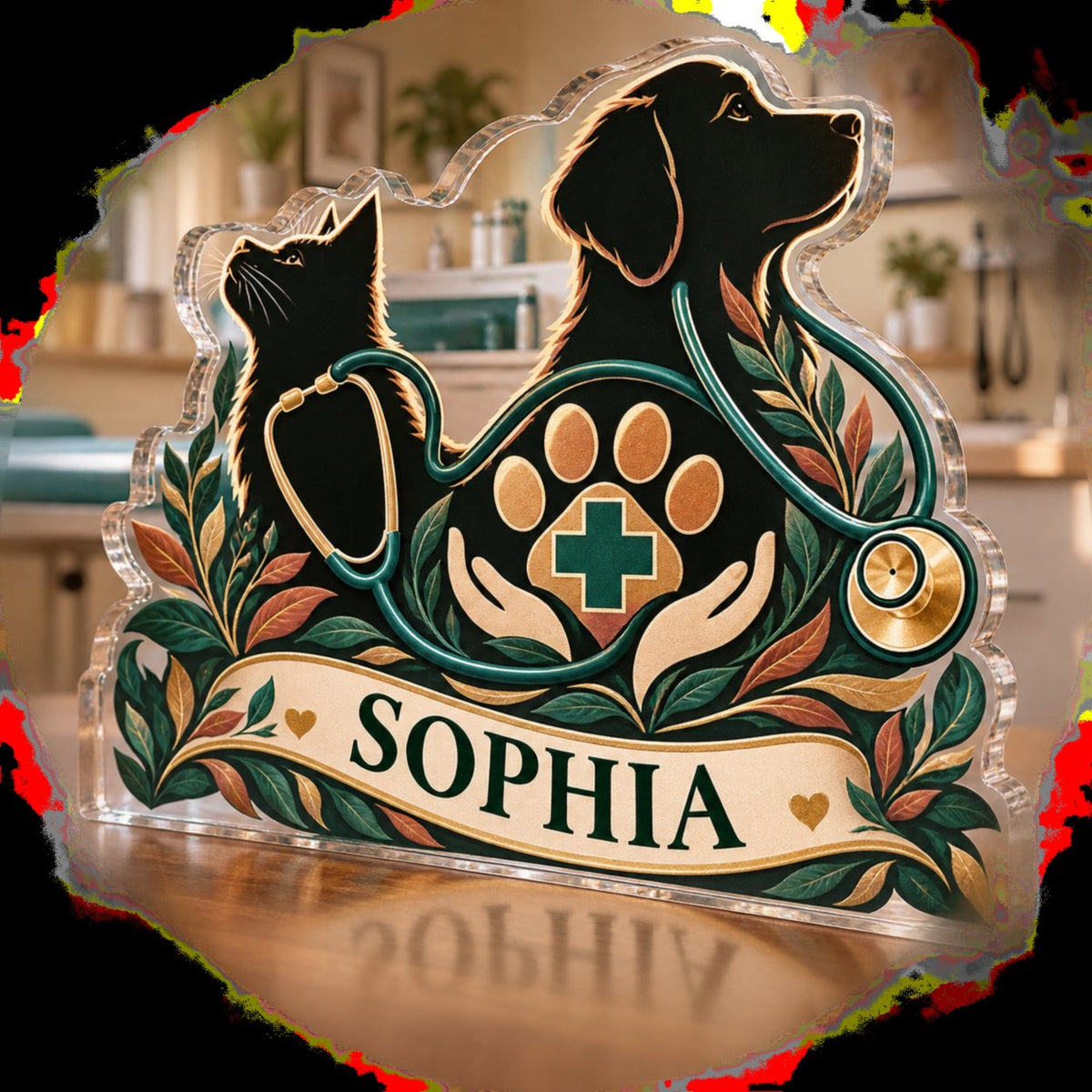 Personalized Veterinary Technician Appreciation Gift custom shape acrylic plaque with an example name set into the artwork, digital preview