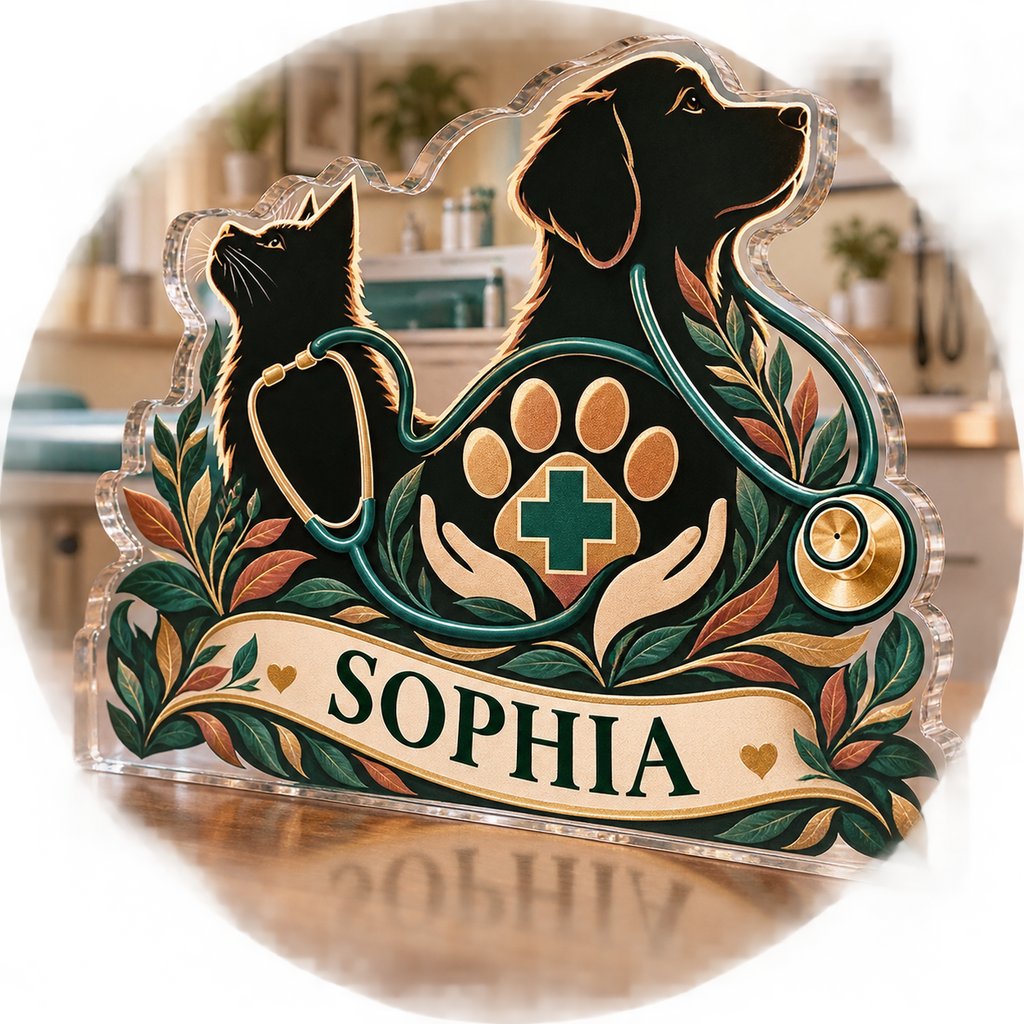 Artwork visualization: Veterinary technician — appreciation gift, personalized SOPHIA, subject-shaped acrylic with printed optical 3D depth; not carved relief.