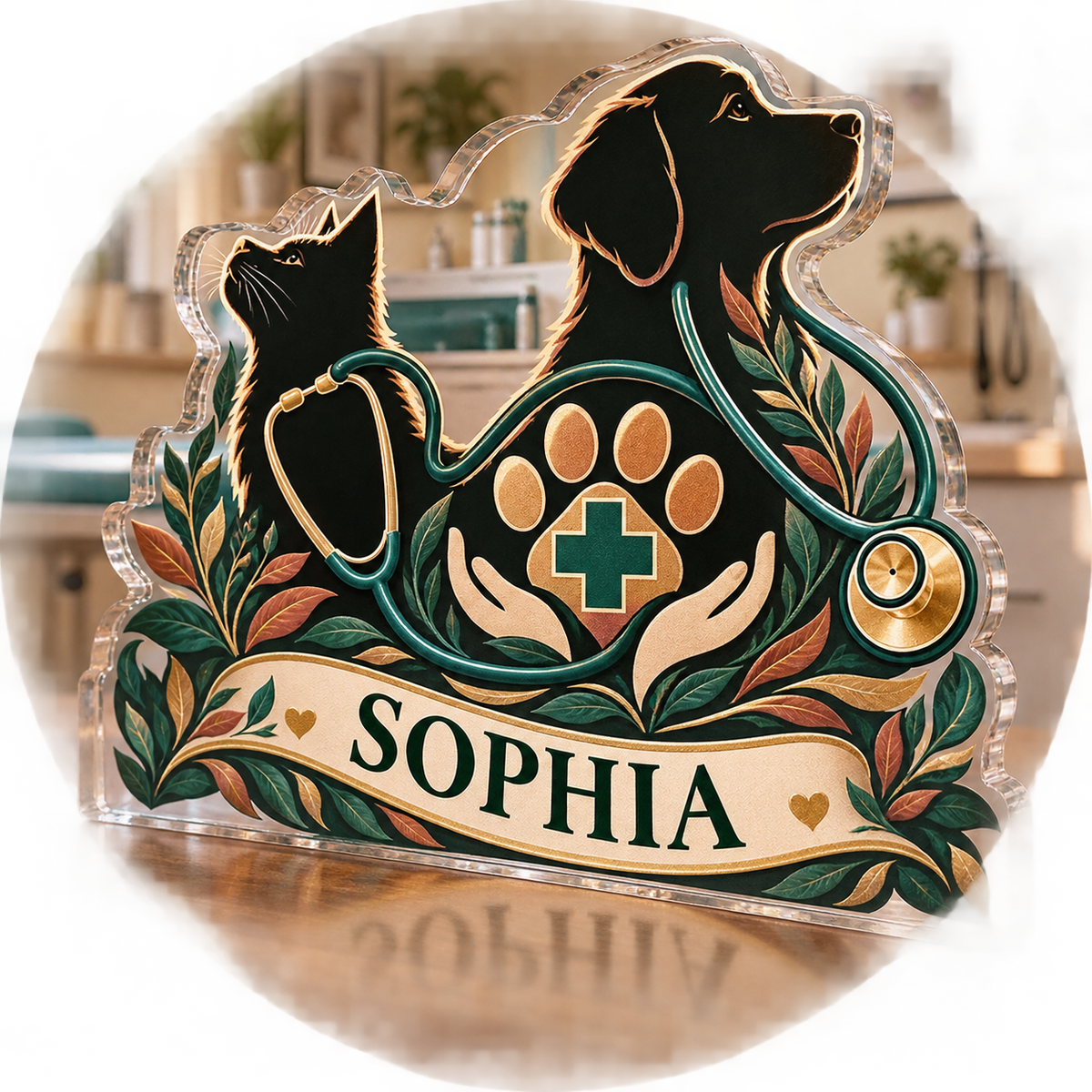 Artwork visualization: Veterinary technician — appreciation gift, personalized SOPHIA, subject-shaped acrylic with printed optical 3D depth; not carved relief.