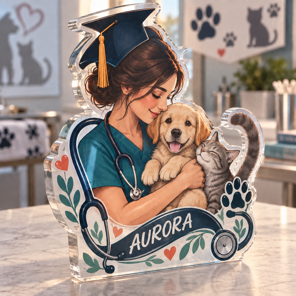 Artwork visualization: Veterinary technician — graduation career milestone, personalized AURORA, subject-shaped acrylic with printed optical 3D depth; not carved relief.