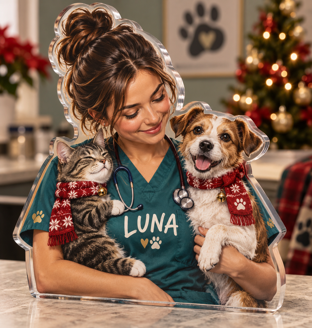 Artwork visualization: Veterinary technician — team belonging, personalized LUNA, subject-shaped acrylic with printed optical 3D depth; not carved relief.