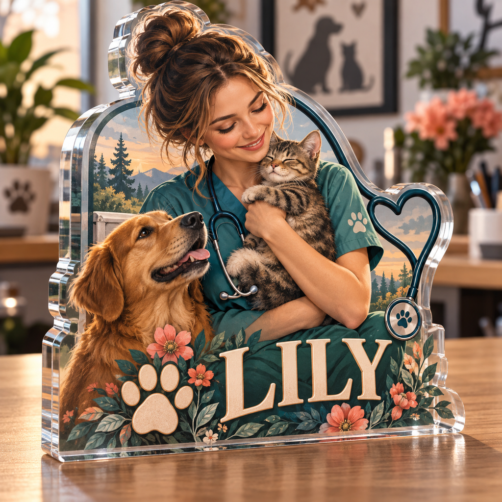 Artwork visualization: Veterinary technician — home studio decoration, personalized LILY, subject-shaped acrylic with printed optical 3D depth; not carved relief.