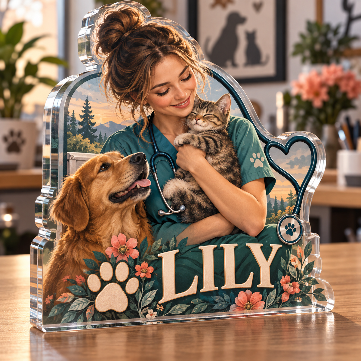 Artwork visualization: Veterinary technician — home studio decoration, personalized LILY, subject-shaped acrylic with printed optical 3D depth; not carved relief.