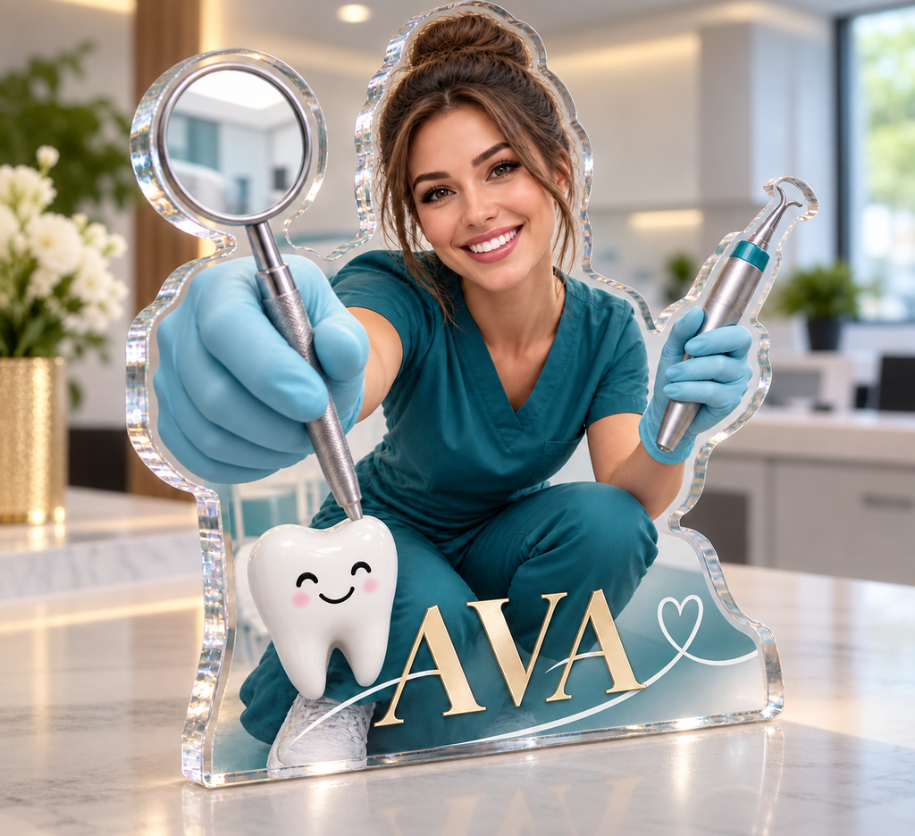 Artwork visualization: Dental hygienist — professional desk identity, personalized AVA, subject-shaped acrylic with printed optical 3D depth; not carved relief.