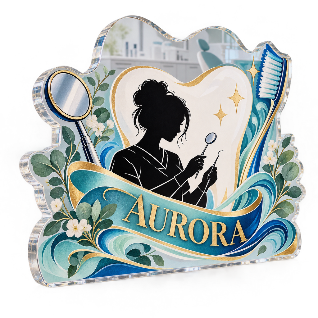 Artwork visualization: Dental hygienist — appreciation gift, personalized AURORA, subject-shaped acrylic with printed optical 3D depth; not carved relief.