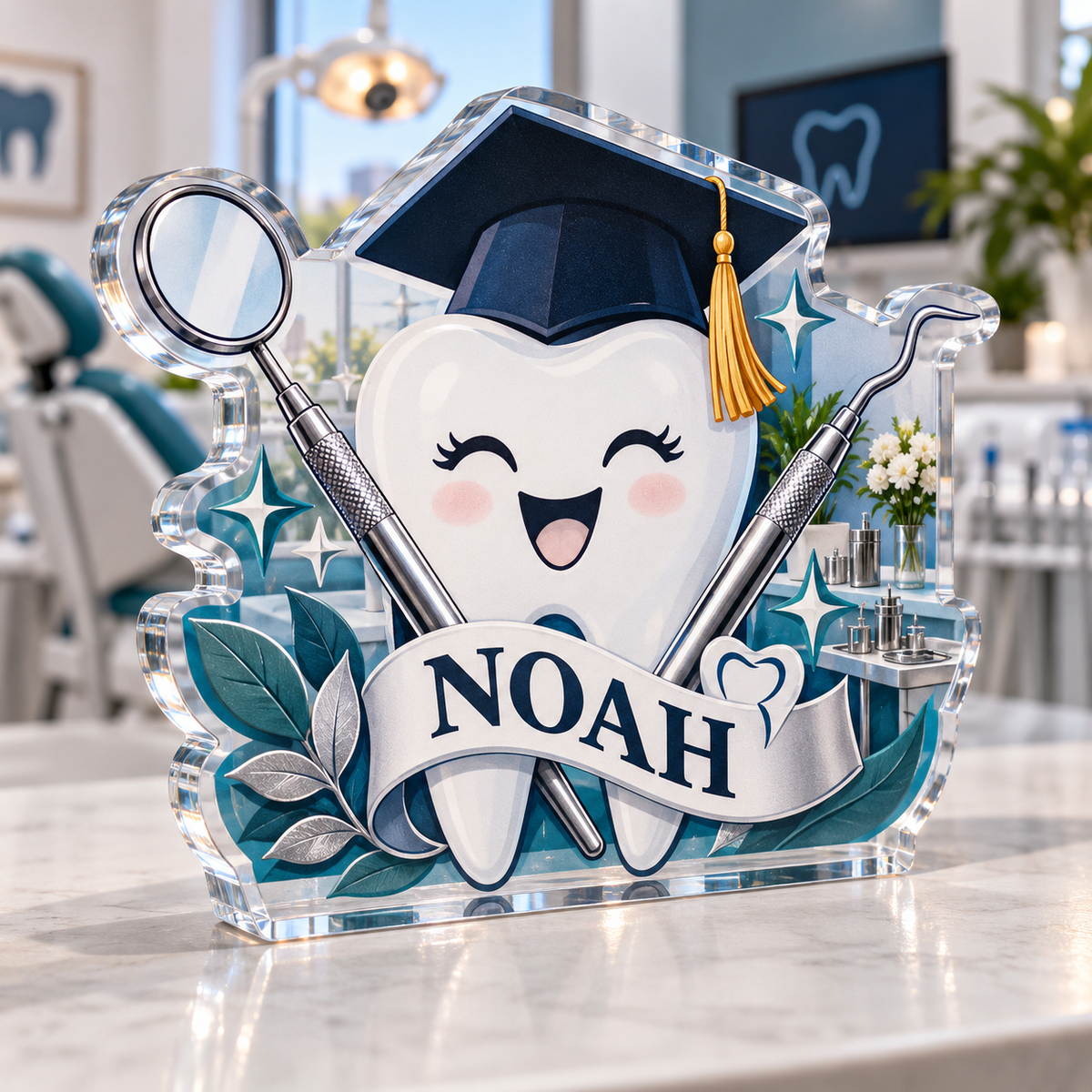Artwork visualization: Dental hygienist — graduation career milestone, personalized NOAH, subject-shaped acrylic with printed optical 3D depth; not carved relief.