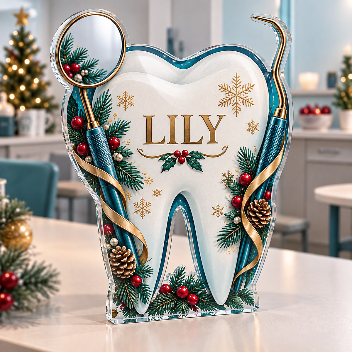 Artwork visualization: Dental hygienist — team belonging, personalized LILY, subject-shaped acrylic with printed optical 3D depth; not carved relief.