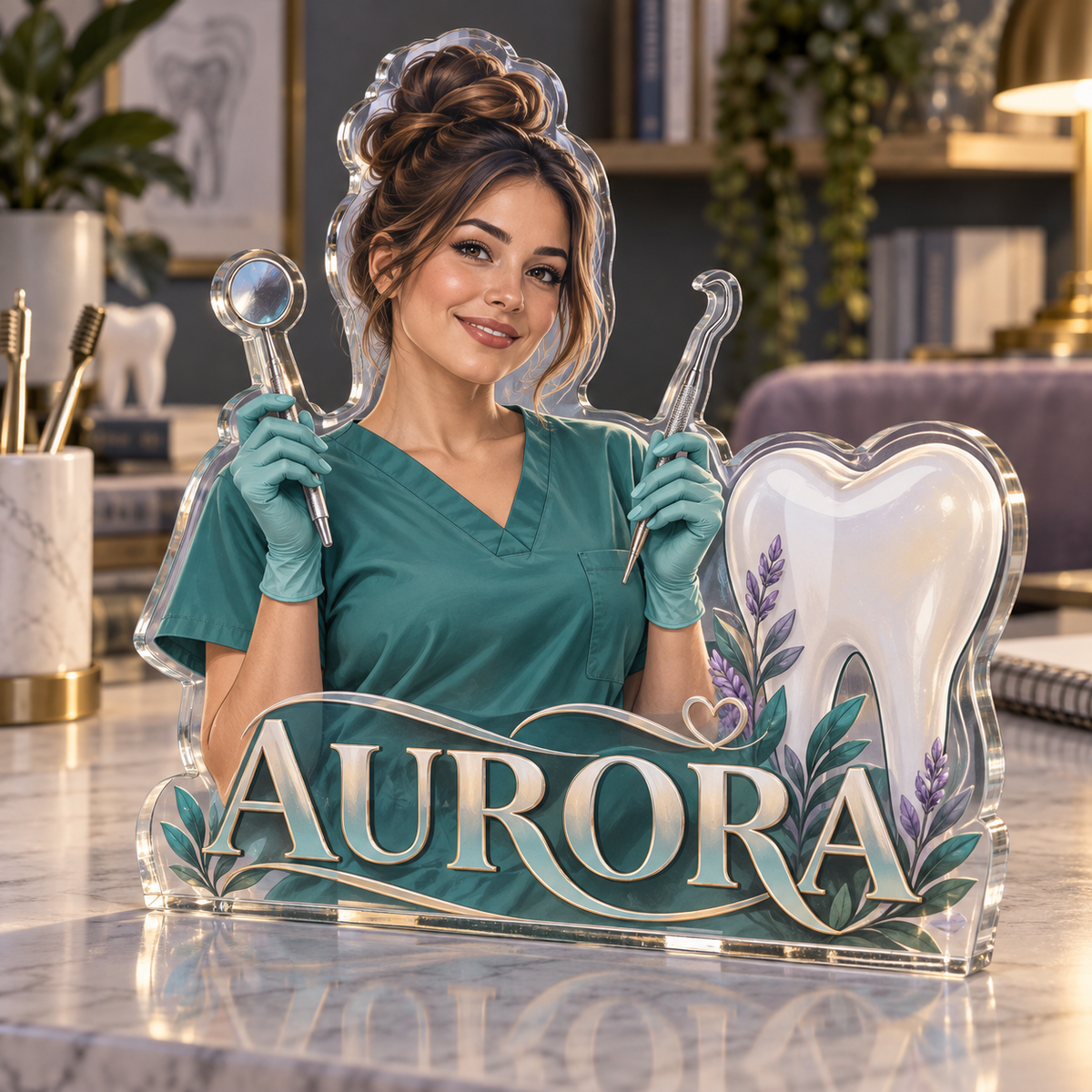 Artwork visualization: Dental hygienist — home studio decoration, personalized AURORA, subject-shaped acrylic with printed optical 3D depth; not carved relief.