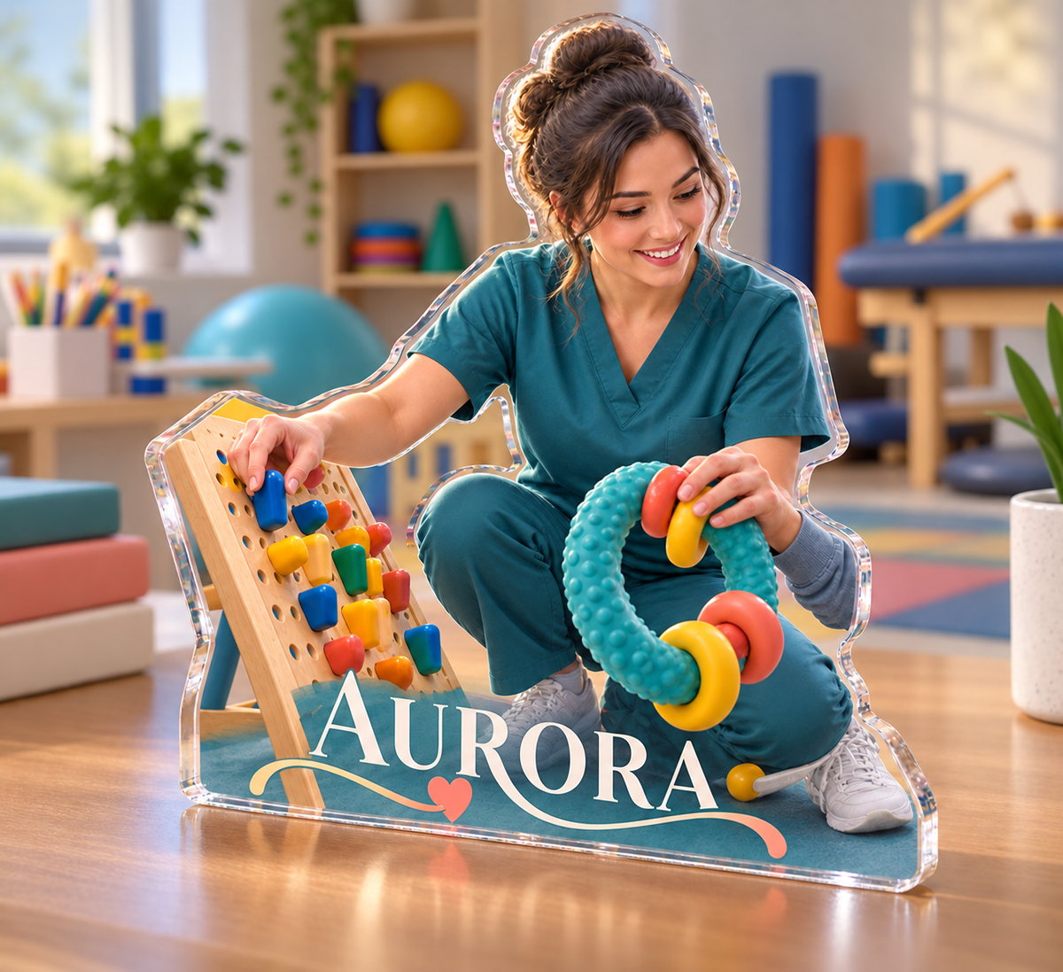 Artwork visualization: Occupational therapist — professional desk identity, personalized AURORA, subject-shaped acrylic with printed optical 3D depth; not carved relief.