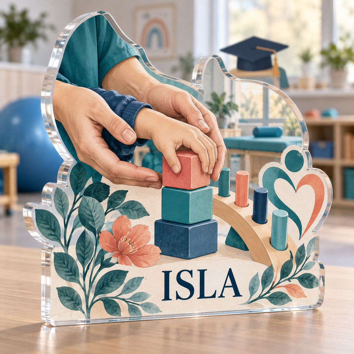 Artwork visualization: Occupational therapist — graduation career milestone, personalized ISLA, subject-shaped acrylic with printed optical 3D depth; not carved relief.