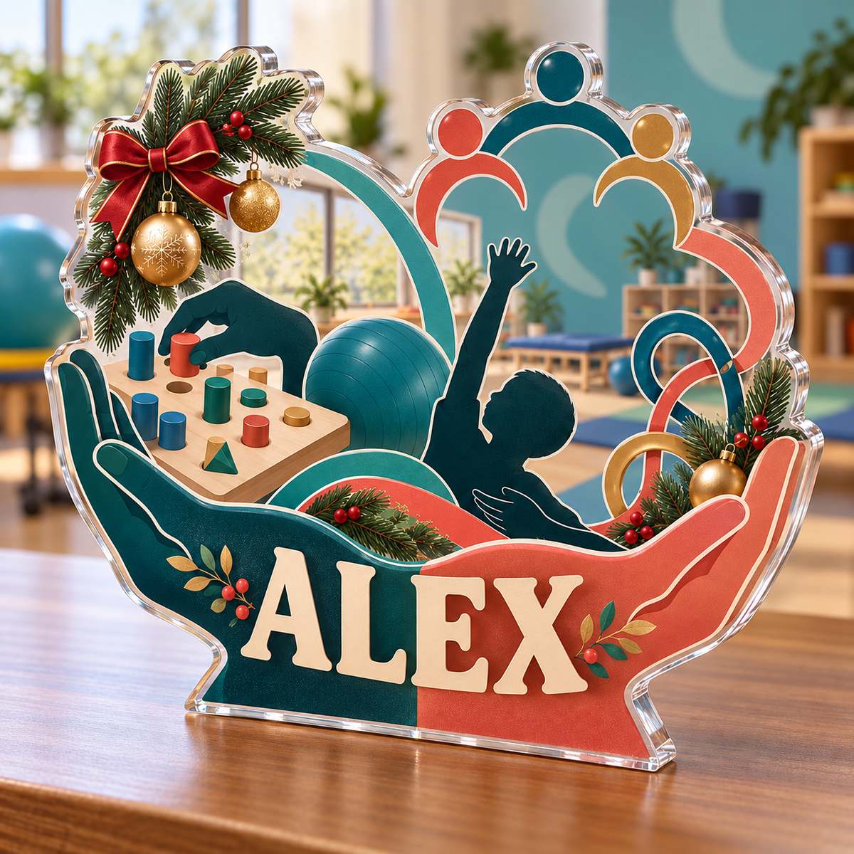 Artwork visualization: Occupational therapist — team belonging, personalized ALEX, subject-shaped acrylic with printed optical 3D depth; not carved relief.