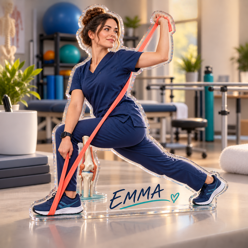 Artwork visualization: Physical therapist — professional desk identity, personalized EMMA, subject-shaped acrylic with printed optical 3D depth; not carved relief.